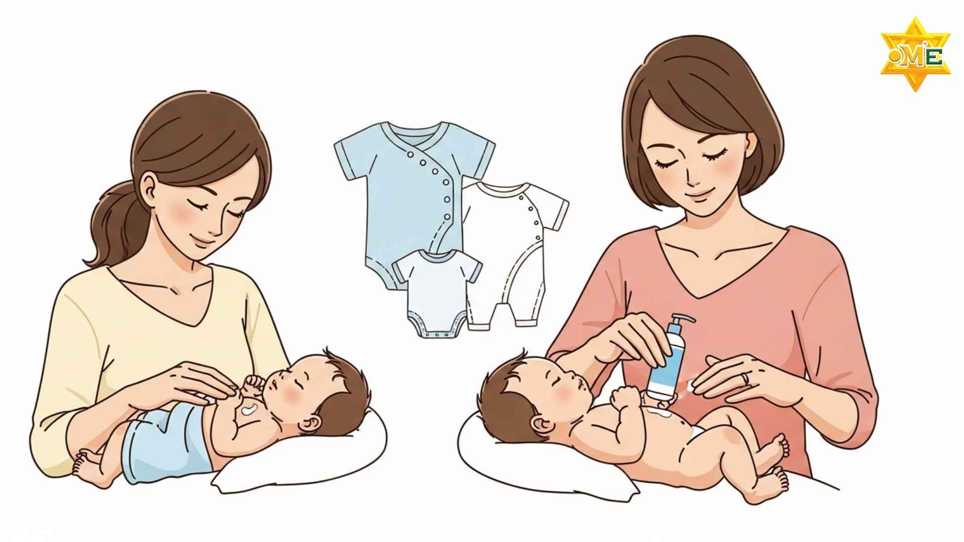 Minh họa người mẹ đang dịu dàng thoa kem dưỡng ẩm, chăm sóc da cho bé sơ sinh bị vàng da.